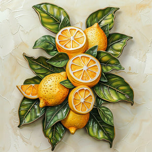 Lemon orchard metal wall art with vibrant citrus fruits and leafy botanical branches for Mediterranean kitchen decor 1