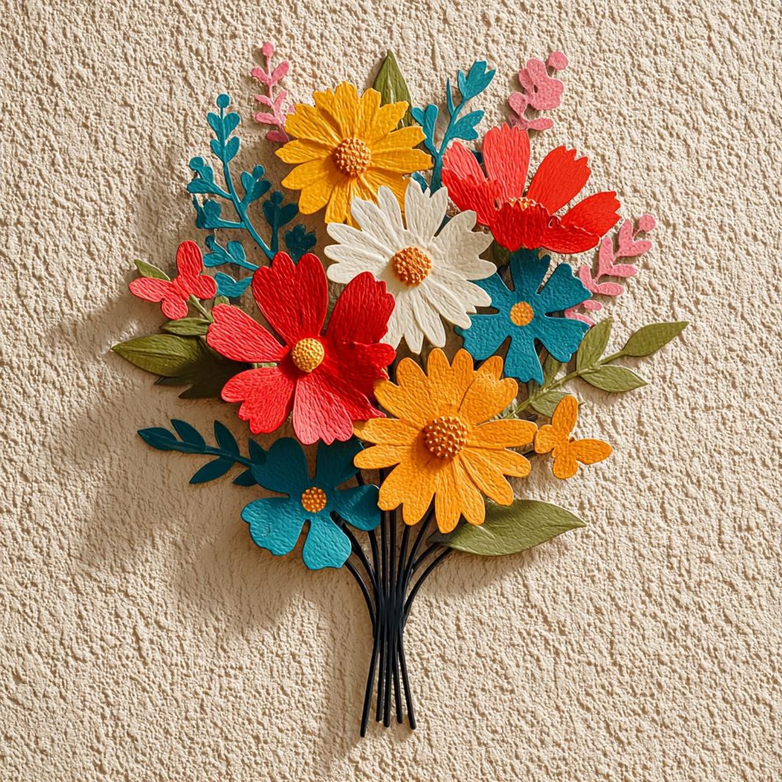 Colorful wildflower bouquet metal wall art with vibrant floral design mounted on textured wall 1