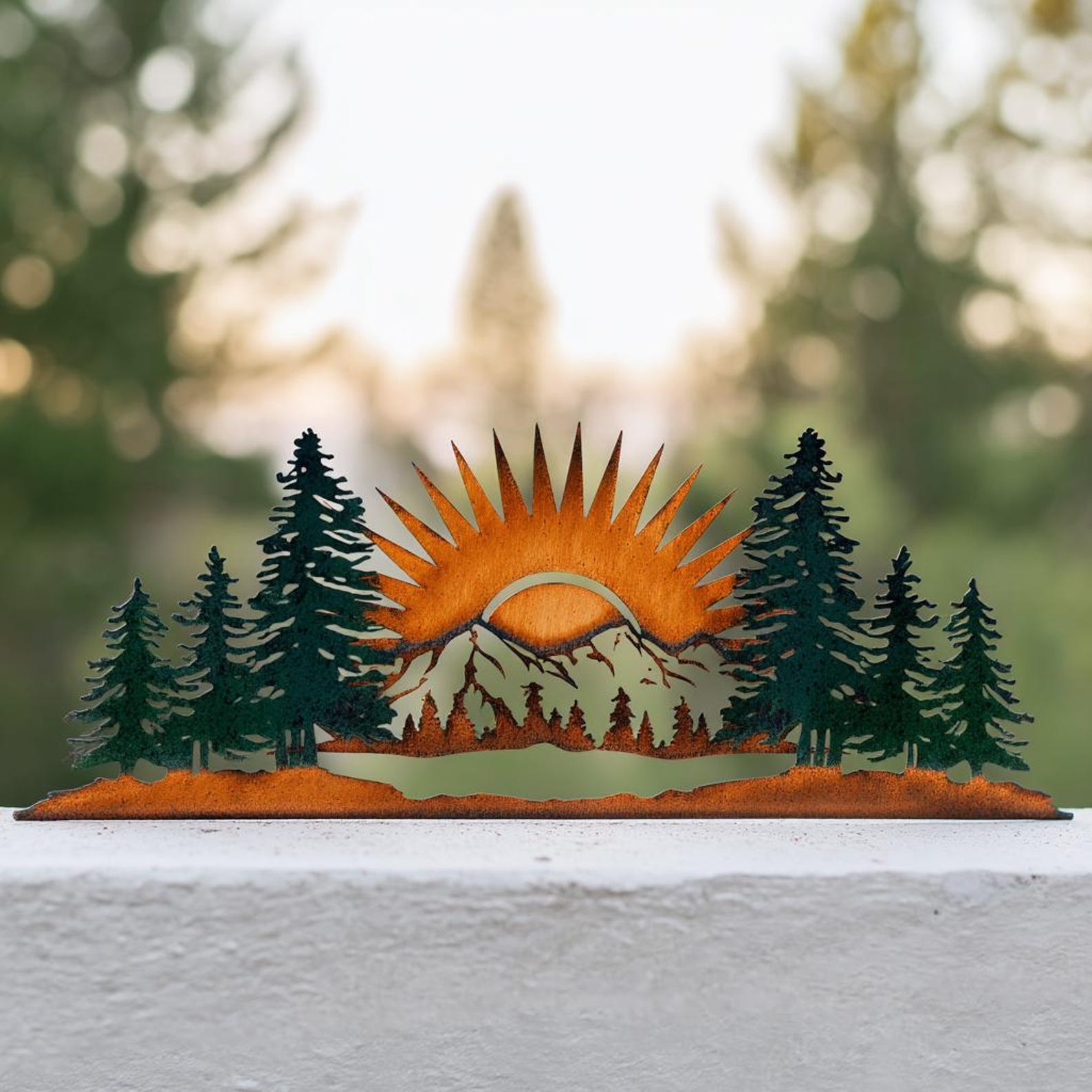Mountain Pine Forest Sunrise UV printed aluminum metal wall art for rustic cabin patio and living room decor 1