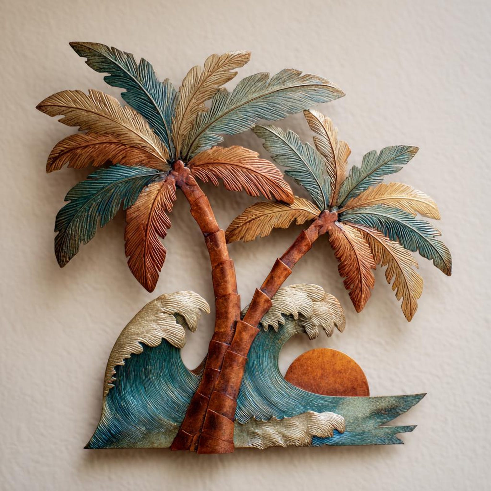 Tropical palm wave metal wall art with ocean waves and sunset coastal design mounted on wall 1