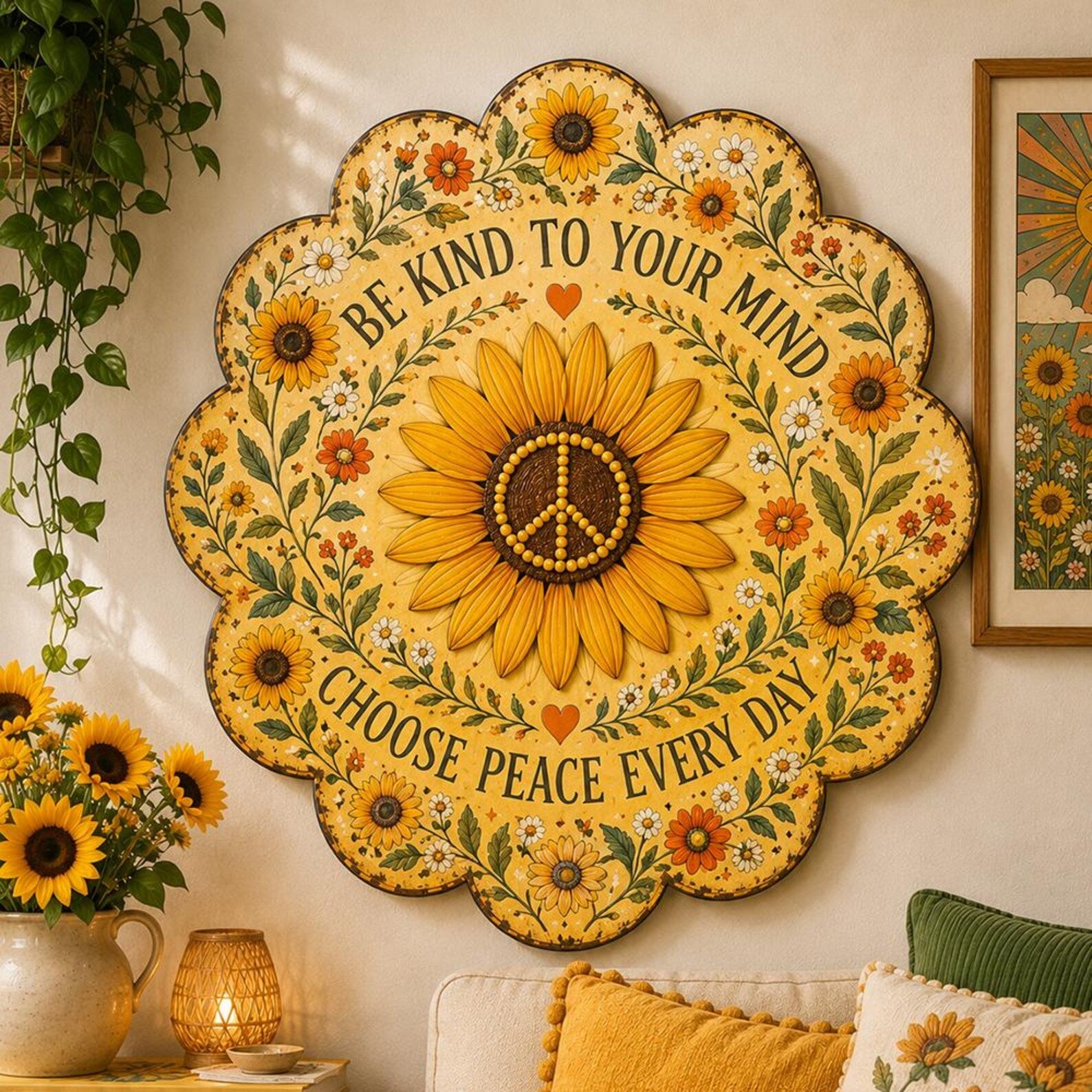 Be Kind Sunflower Peace UV printed aluminum metal wall art for inspirational floral living room bedroom and patio decor 2