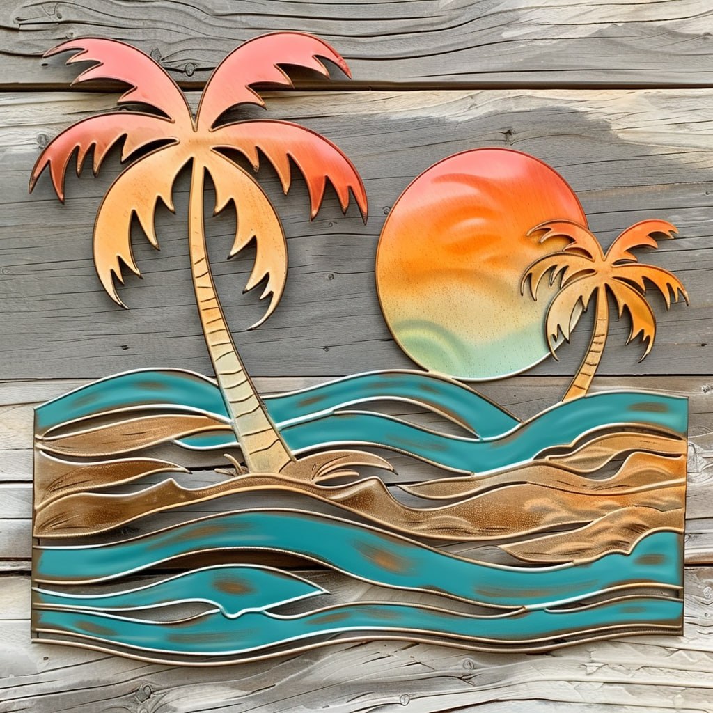 Tropical palm beach metal wall art coastal ocean decor 1