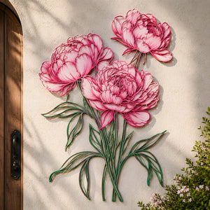 Pink peony flower metal wall art with elegant floral design mounted on textured wall 1