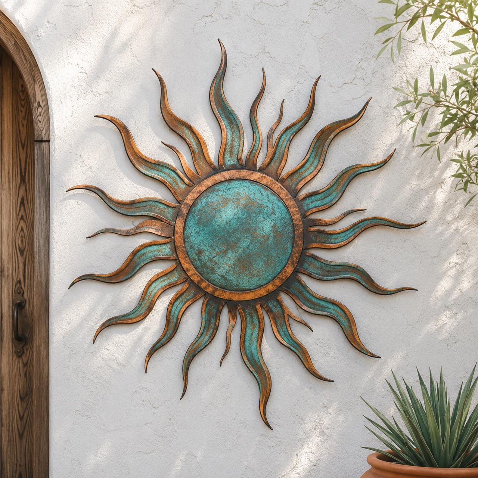 Turquoise sun metal wall art rustic southwestern outdoor wall decor 1