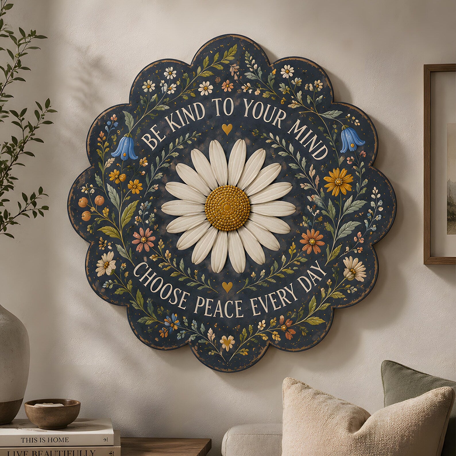 Be Kind Daisy Peace UV printed aluminum metal wall art for dark floral living room bedroom and patio decor 2