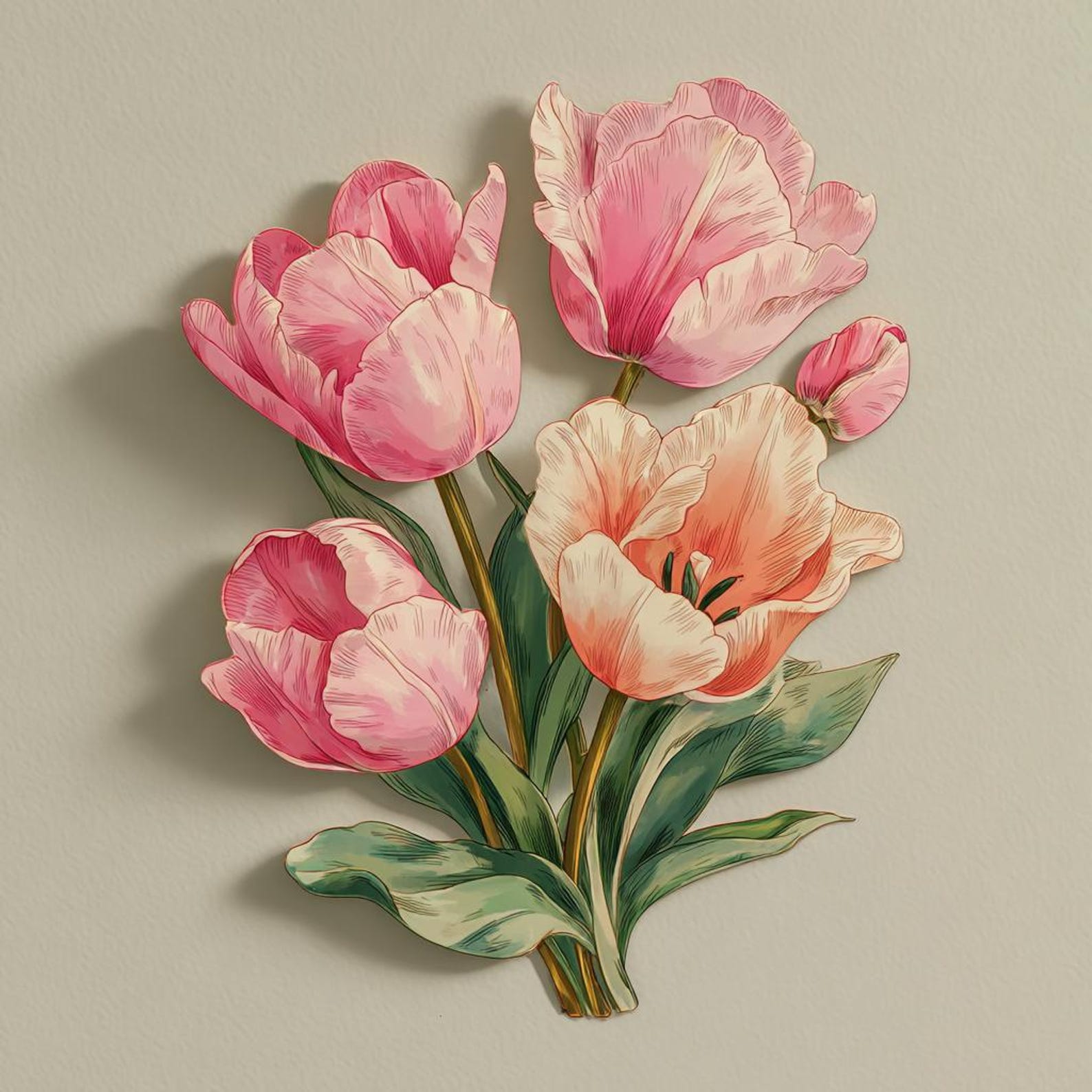 Pink tulip blossom metal wall art with elegant pastel floral design mounted on wall 1