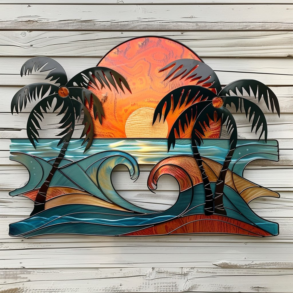 Ocean wave heart metal wall art with hidden wave heart center double sunset sun dark palm silhouettes coastal beach bedroom aluminum wall decor 1