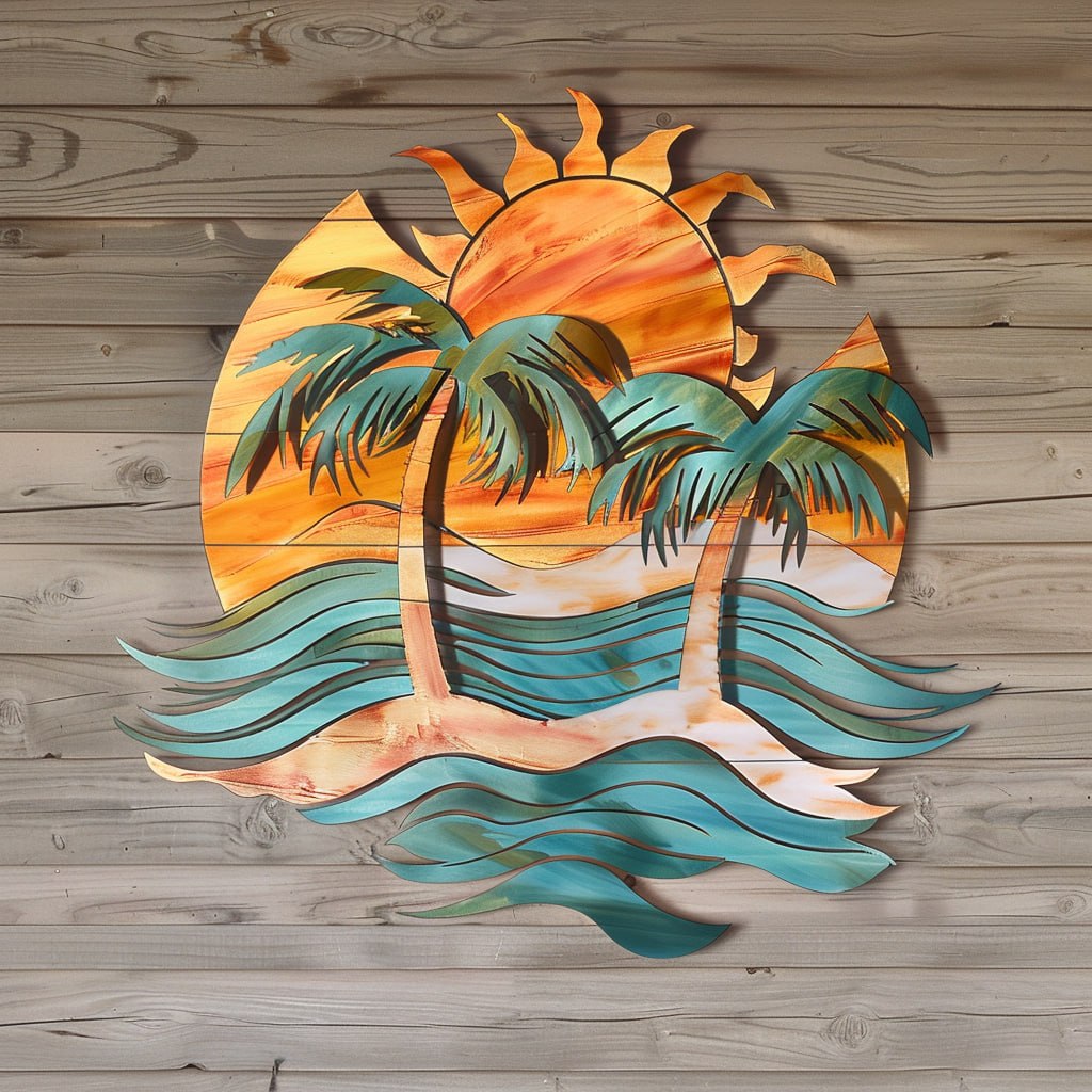 Tropical palm sunset metal wall art coastal beach decor 1