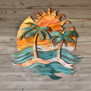 Tropical palm sunset metal wall art coastal beach decor 1