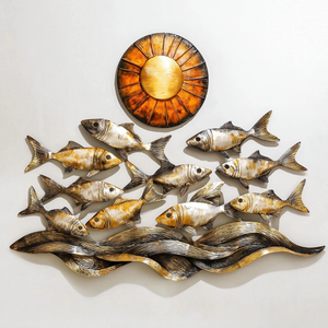 Golden coastal fish metal wall art with ocean waves and sunset nautical aluminum wall decor 1