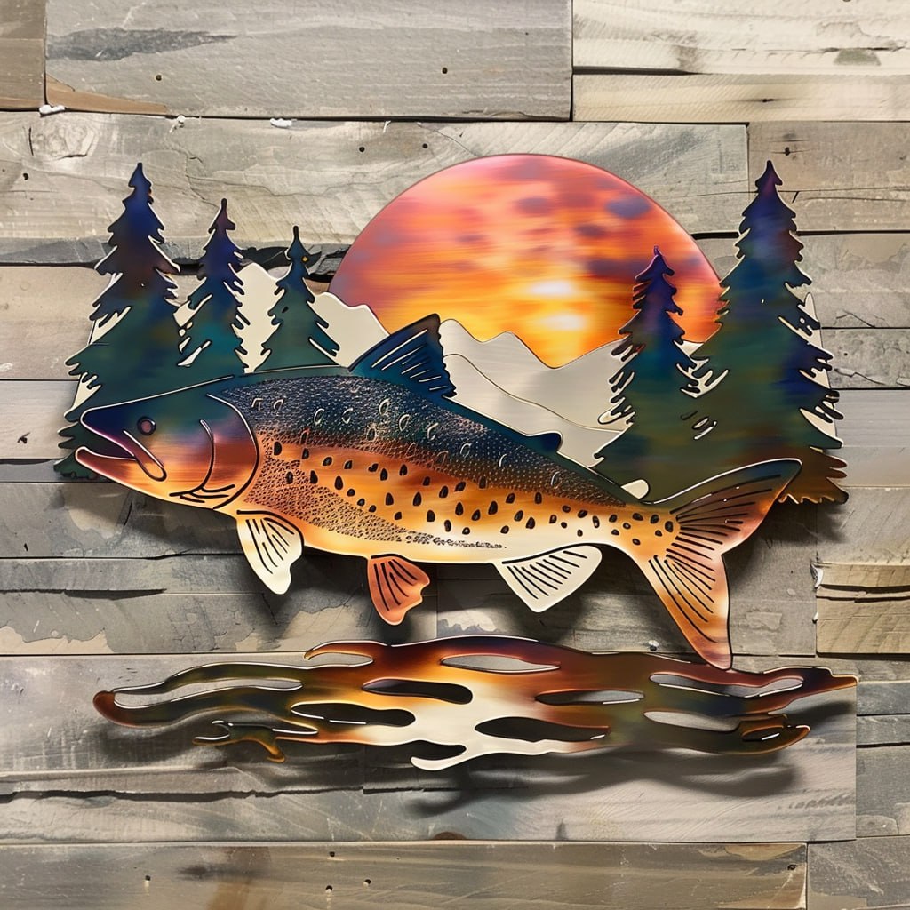 Brown trout fish metal wall art with leaping trout wild salmon mountain sunset rustic cabin pine trees wilderness lodge aluminum wall decor 1