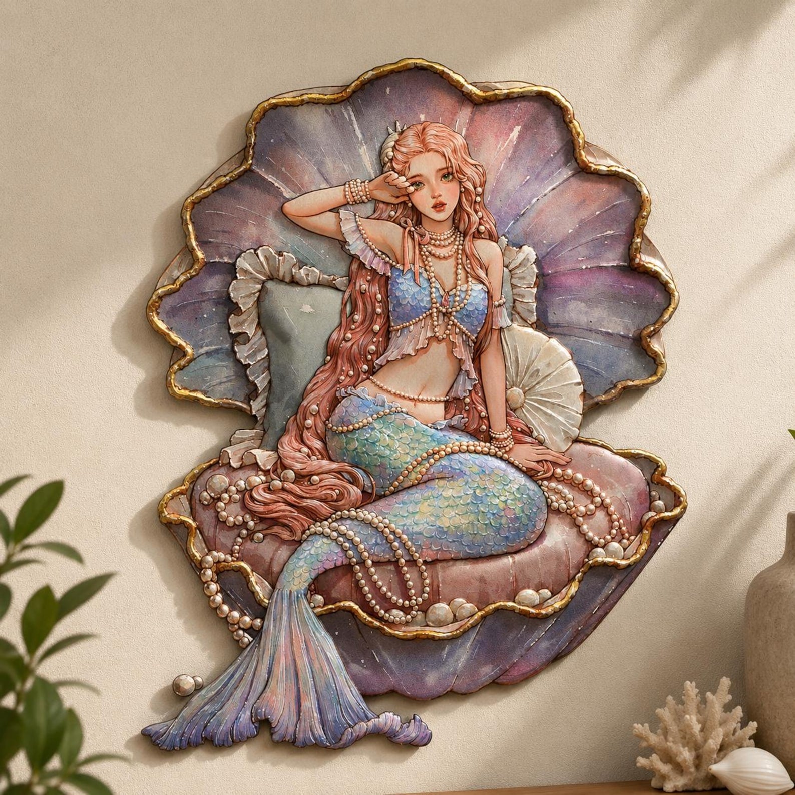 Mermaid Pearl Seashell UV printed aluminum metal wall art for ocean bedroom nursery and beach house decor 2