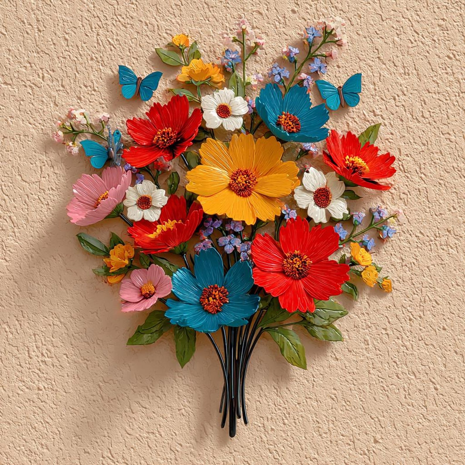 Colorful wildflower metal wall art with butterflies and vibrant floral bouquet mounted on textured wall 1