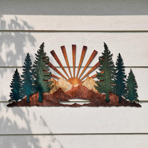 Mountain Forest Sunrise UV printed aluminum metal wall art for rustic cabin patio and living room decor 1