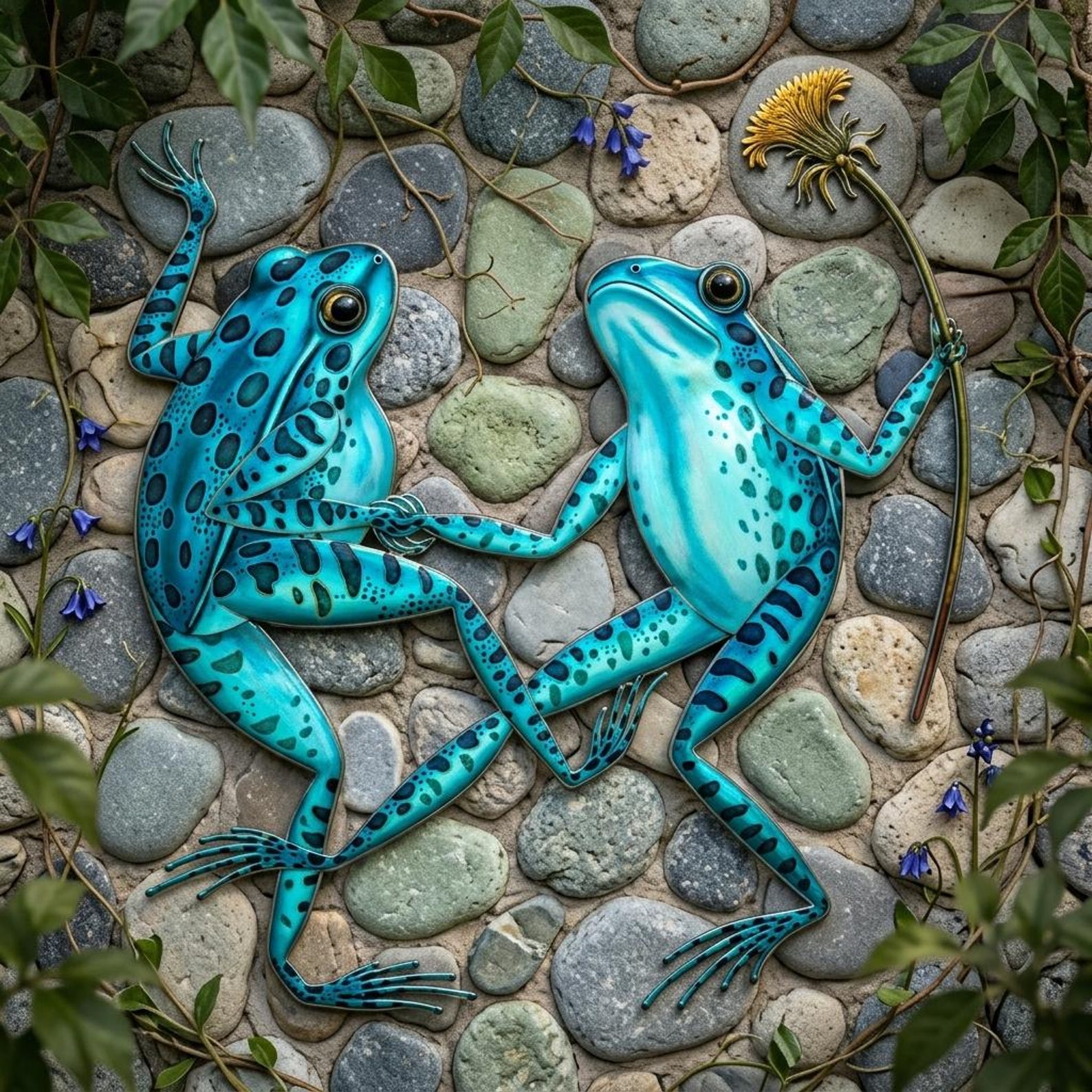 Blue frog couple metal wall art with flower whimsical garden aluminum wall decor 1