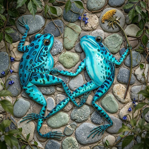 Blue frog couple metal wall art with flower whimsical garden aluminum wall decor 1