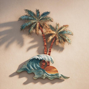 Tropical palm wave metal wall art with ocean waves and sunset coastal design mounted on wall 1