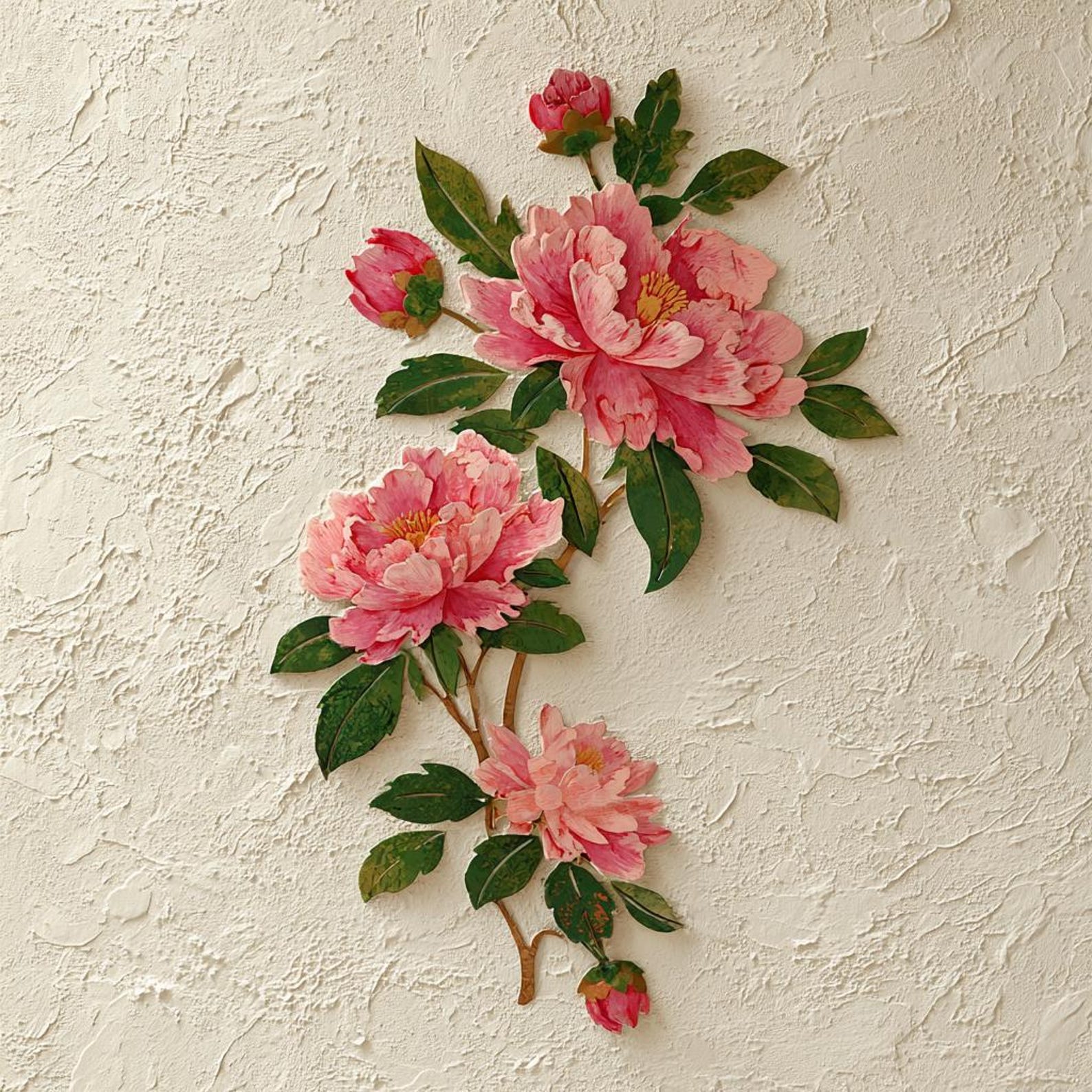 Pink peony branch metal wall art with elegant floral botanical design mounted on textured wall 1