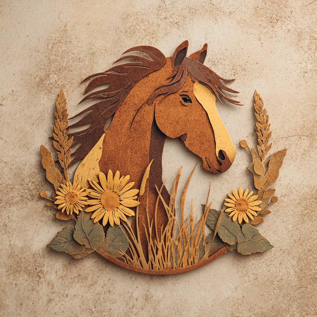 Rustic horse metal wall art with prairie flowers and western farmhouse styling 1