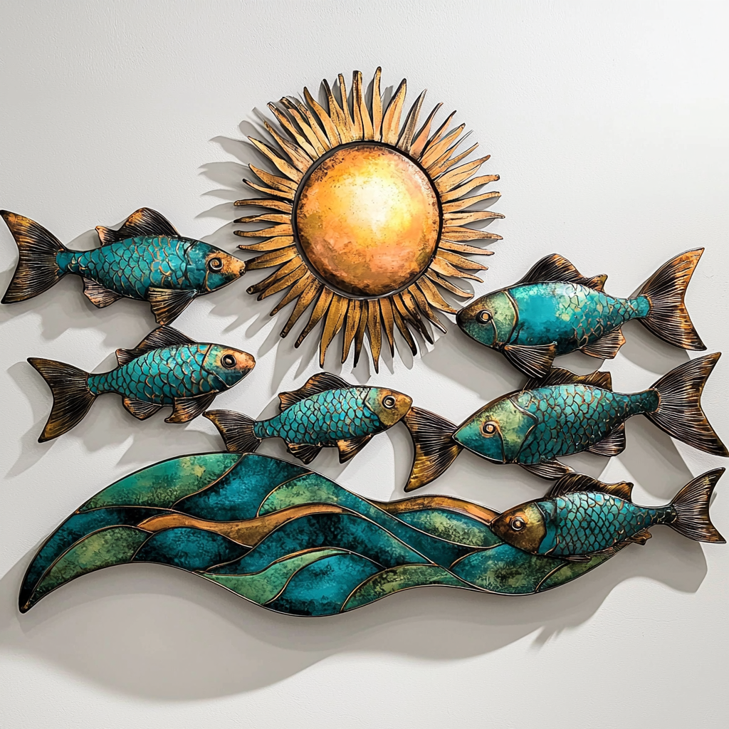 Ocean fish metal wall art with turquoise fish ocean waves and golden sun coastal beach aluminum wall decor 1