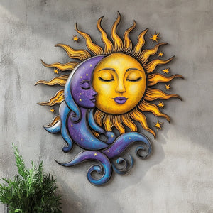 Celestial sun and moon metal wall art with mystical cosmic detailing 1