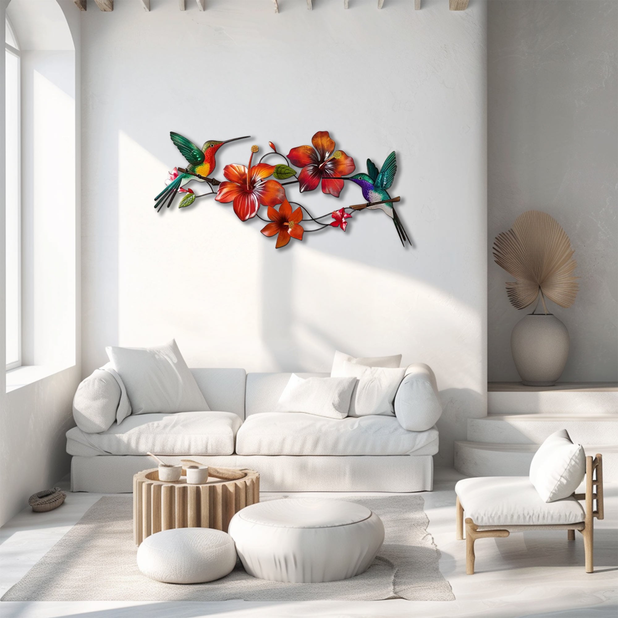 Hummingbird Flower UV printed aluminum metal wall art for tropical living room and patio decor 2