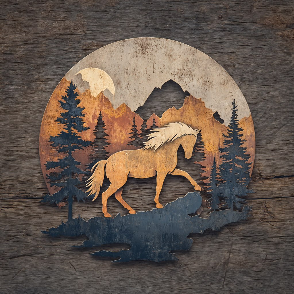 Mountain horse metal wall art with pine forest and rustic wilderness scenery 1