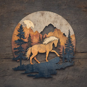 Mountain horse metal wall art with pine forest and rustic wilderness scenery 1