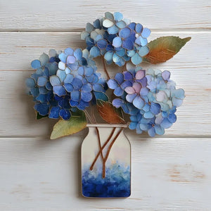 Blue hydrangea metal wall art with floral bouquet and rustic vase styling 1