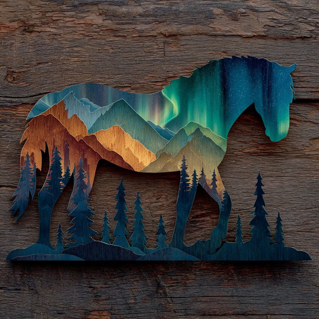 Aurora horse metal wall art with mountain landscape and northern lights wilderness scenery 1