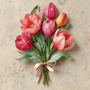 Pink tulip bouquet metal wall art with elegant floral design and ribbon bow mounted on textured wall 1