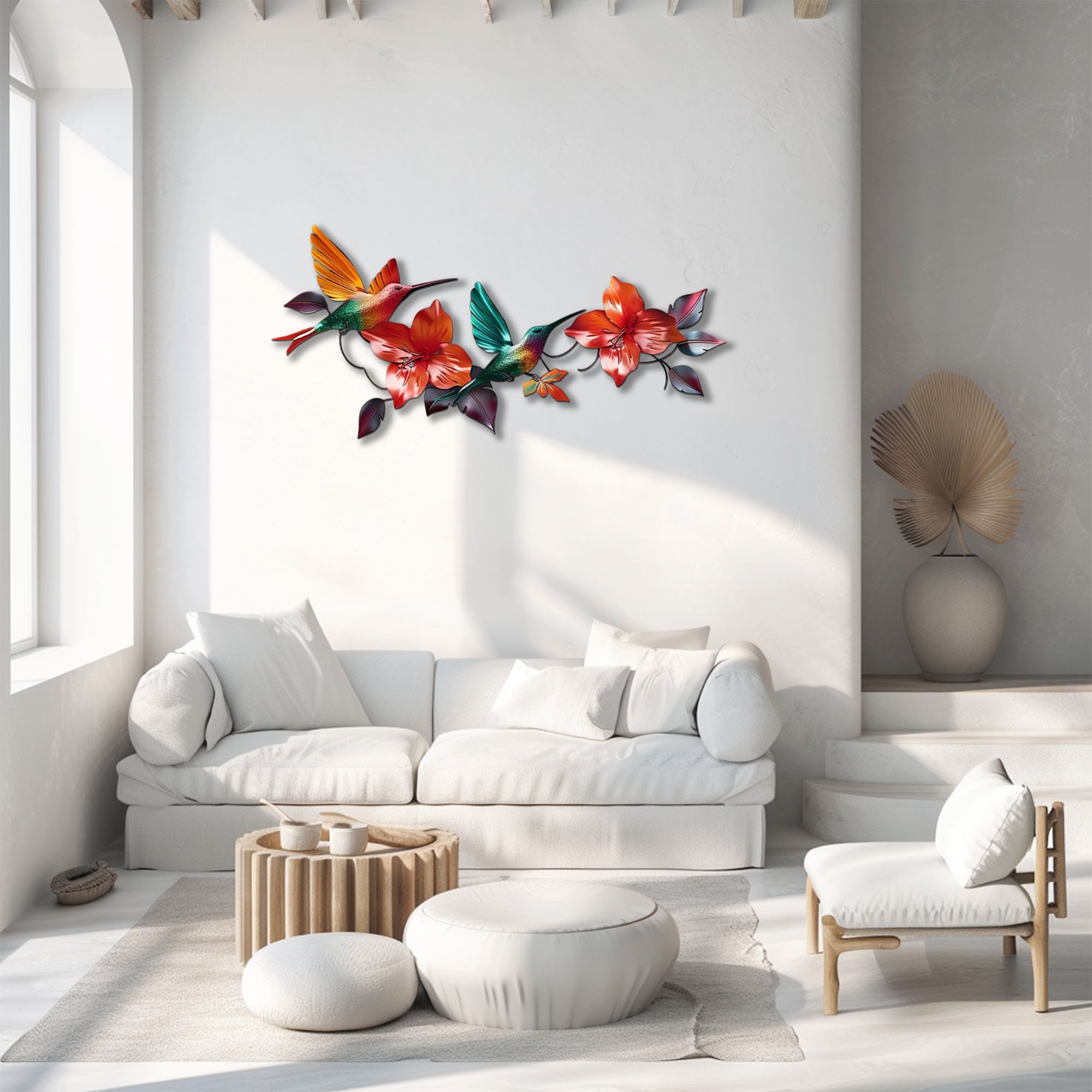 Hummingbird Hibiscus UV printed aluminum metal wall art for tropical living room and patio decor 3