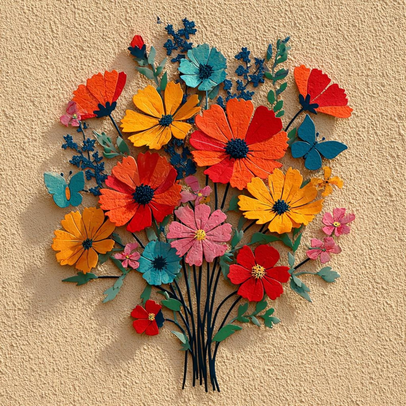 Colorful cosmos flower metal wall art with butterfly accents and vibrant floral botanical design mounted on textured wall 1