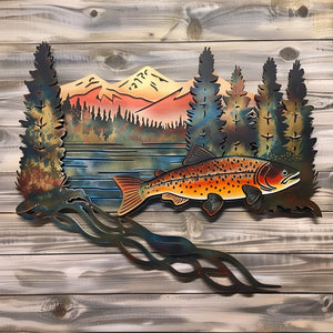 Brown trout metal wall art with swimming trout fish mountain peaks pine forest lake house cabin aluminum wall decor 1