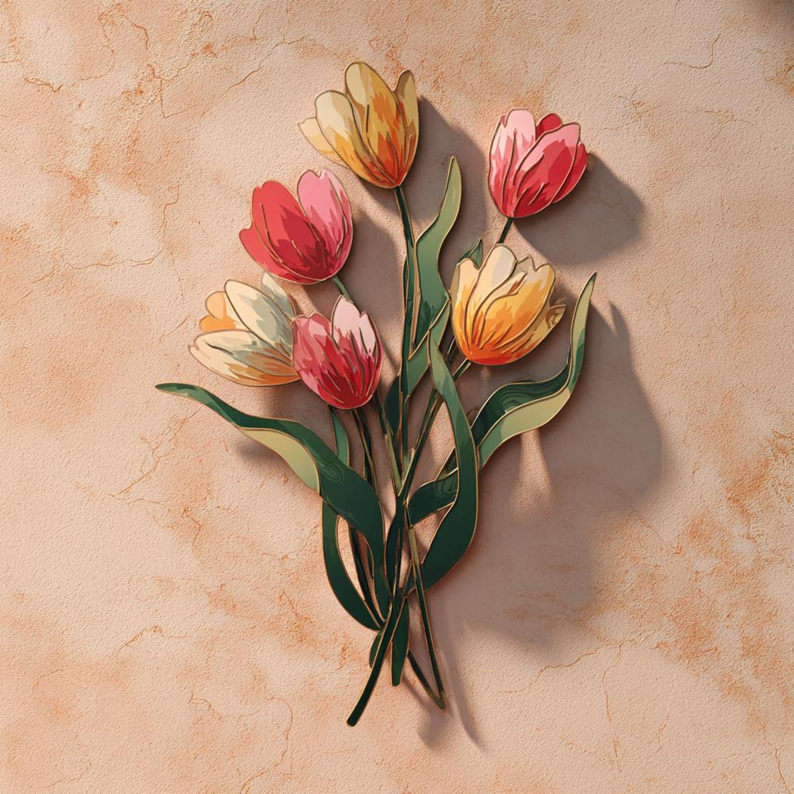 Colorful tulip bouquet metal wall art with pastel floral botanical design mounted on textured wall 1