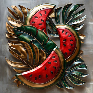 Watermelon aluminum wall decor with tropical foliage and metallic accents for patio styling 1