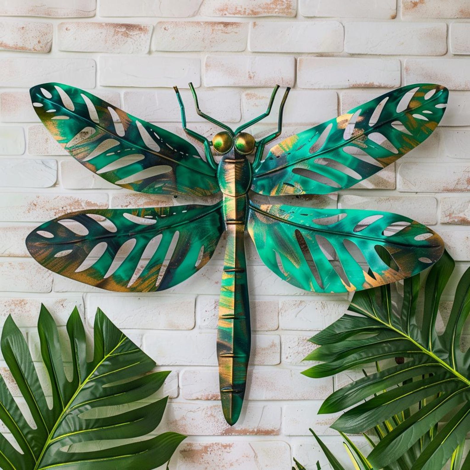 Tropical dragonfly metal wall art with botanical wings aluminum wall decor 1