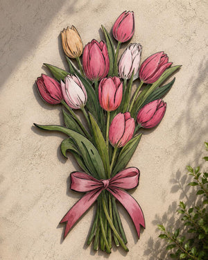 Pink tulip bouquet metal wall art displayed on beige wall with soft floral pastel colors 1