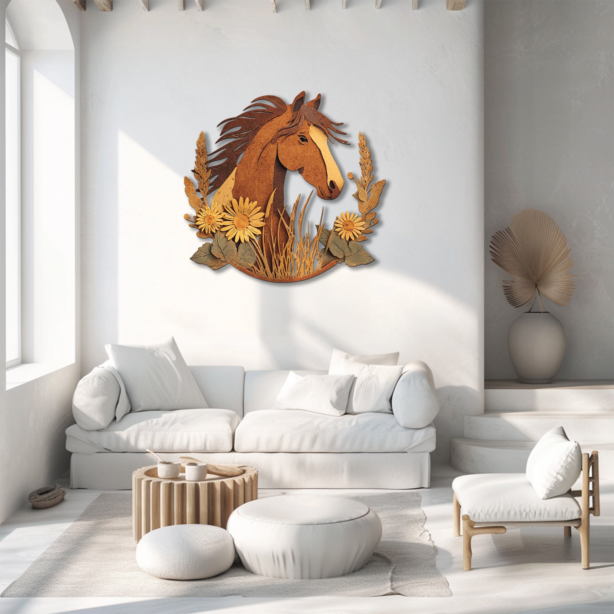 Rustic horse metal wall art with prairie flowers and western farmhouse styling 2