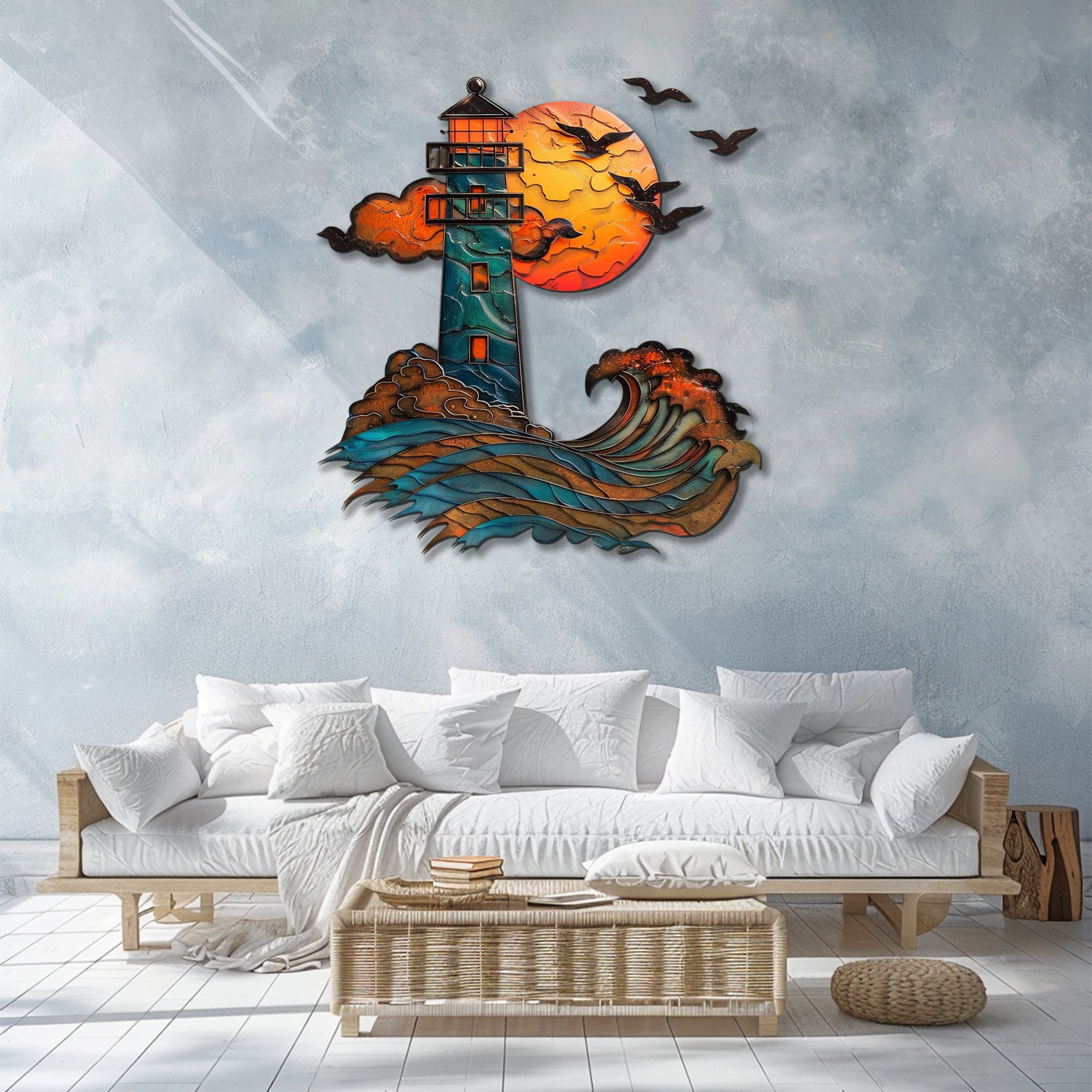 Lighthouse Ocean Wave UV printed aluminum metal wall art for coastal beach house living room and patio decor 4
