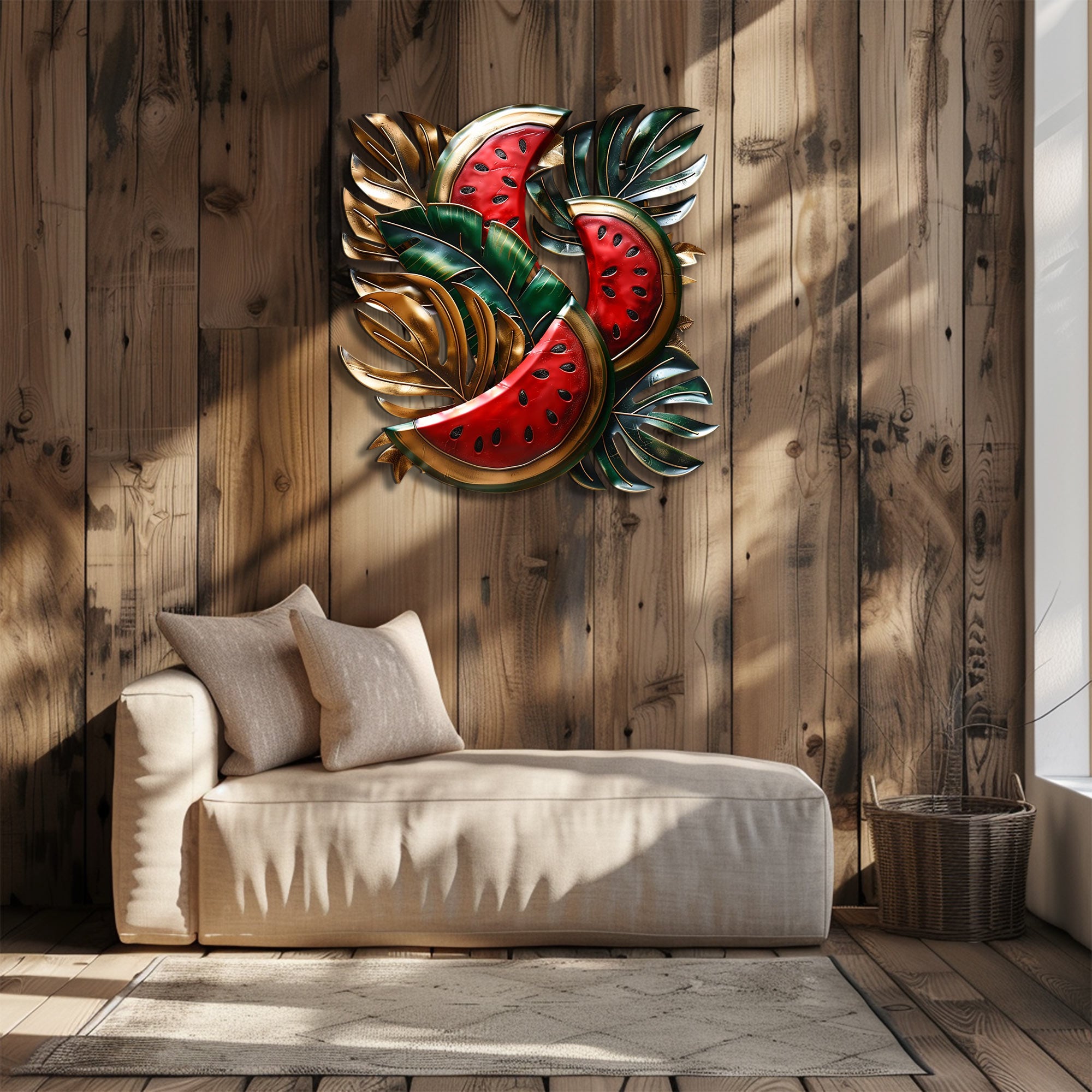 Watermelon aluminum wall decor with tropical foliage and metallic accents for patio styling 2