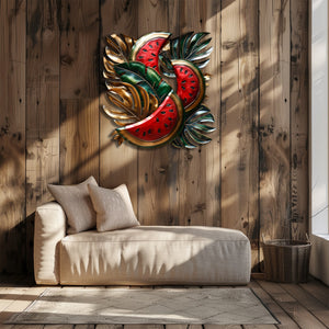 Watermelon aluminum wall decor with tropical foliage and metallic accents for patio styling 2