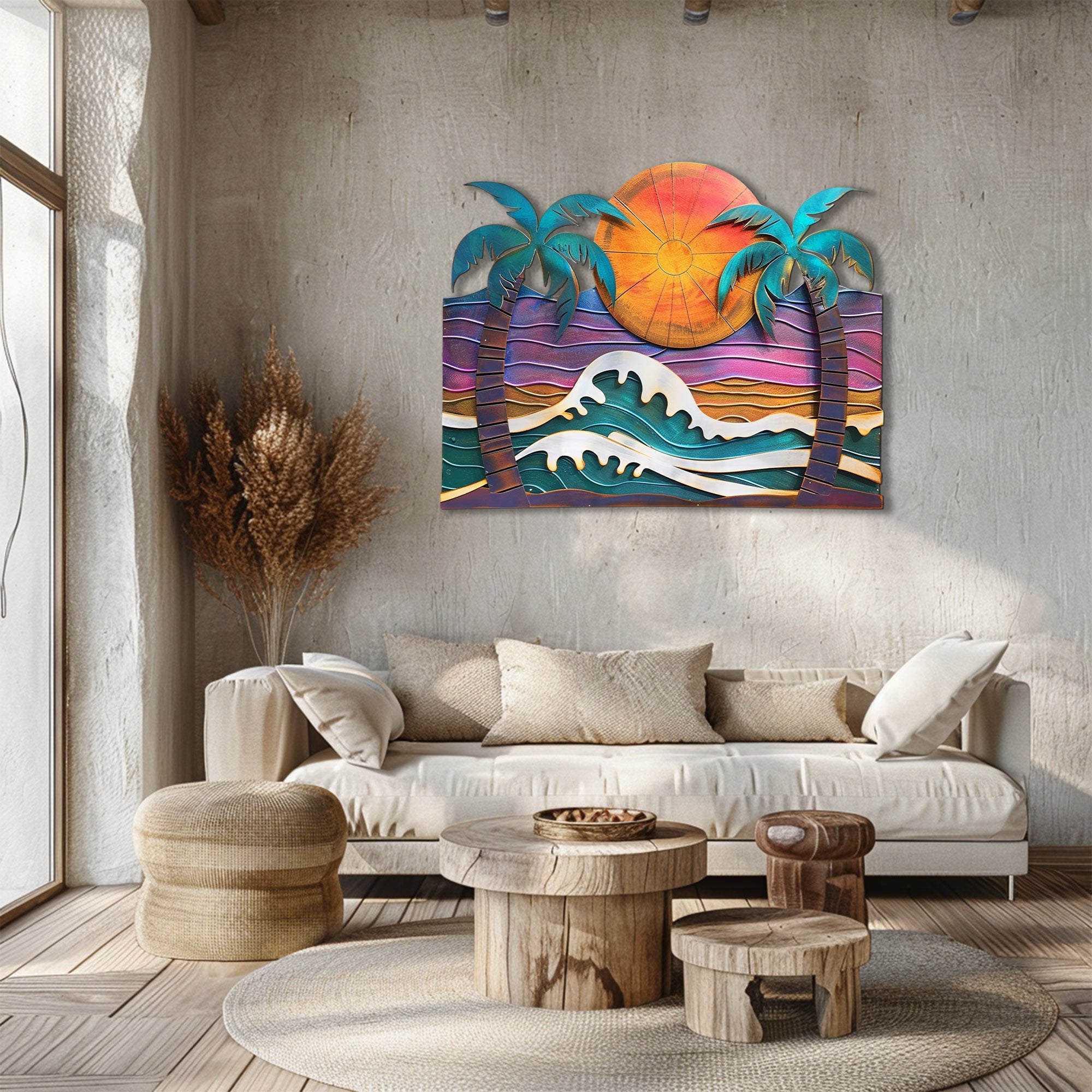 Modern ocean wave palm trees metal wall art with crashing whitecap waves purple sunset sky and framed tropical palm trees aluminum wall decor 2