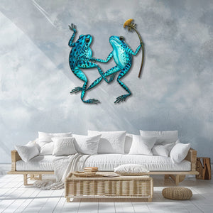 Blue frog couple metal wall art with flower whimsical garden aluminum wall decor 2
