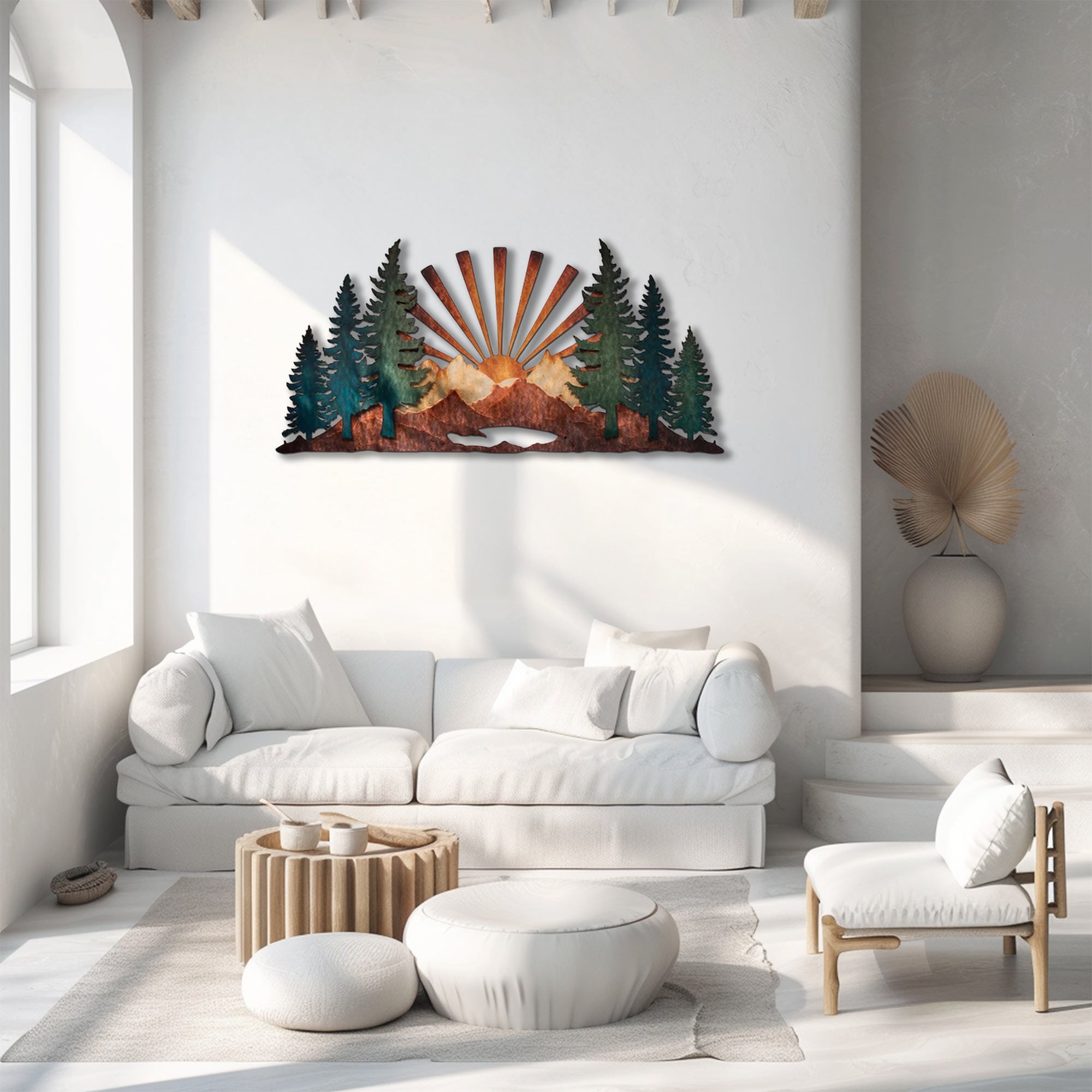 Mountain Forest Sunrise UV printed aluminum metal wall art for rustic cabin patio and living room decor 2
