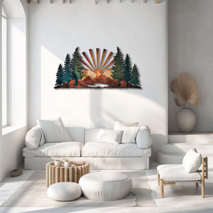 Mountain Forest Sunrise UV printed aluminum metal wall art for rustic cabin patio and living room decor 2