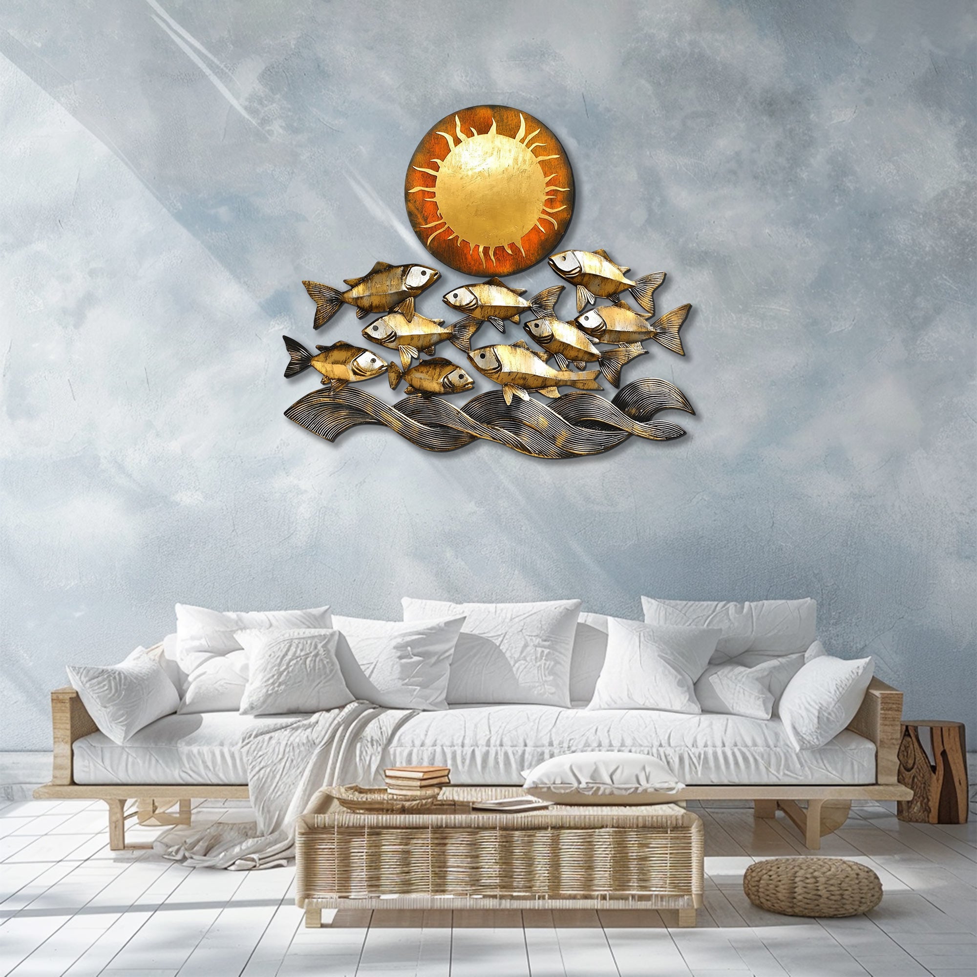 Golden fish metal wall art with ocean waves and sun coastal aluminum wall decor 2