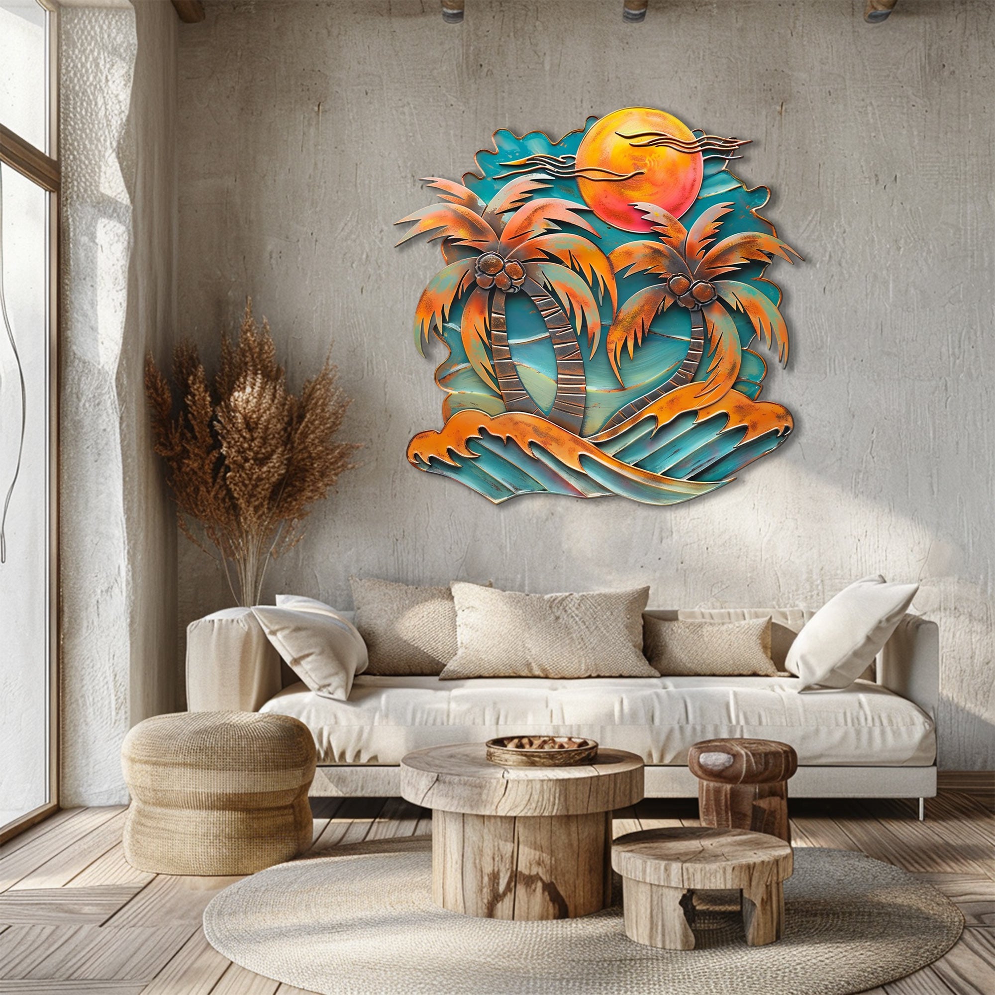 Coconut palm trees metal wall art with tropical coconuts orange sunset sky crashing turquoise waves and beach resort aluminum wall decor 2