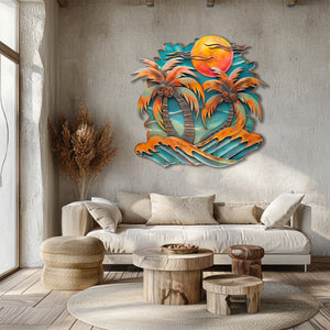 Coconut palm trees metal wall art with tropical coconuts orange sunset sky crashing turquoise waves and beach resort aluminum wall decor 2