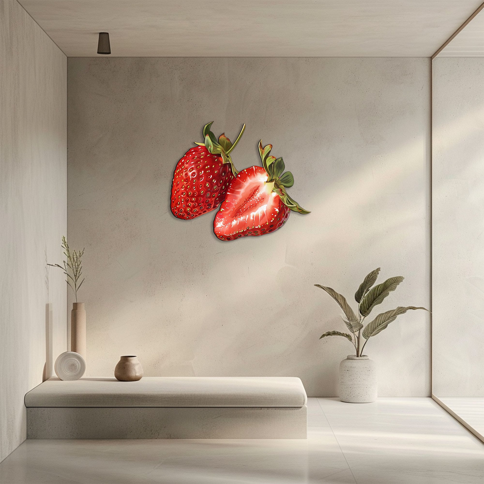 Strawberry metal wall art with vibrant red fruit and botanical detailing for farmhouse kitchen decor 2